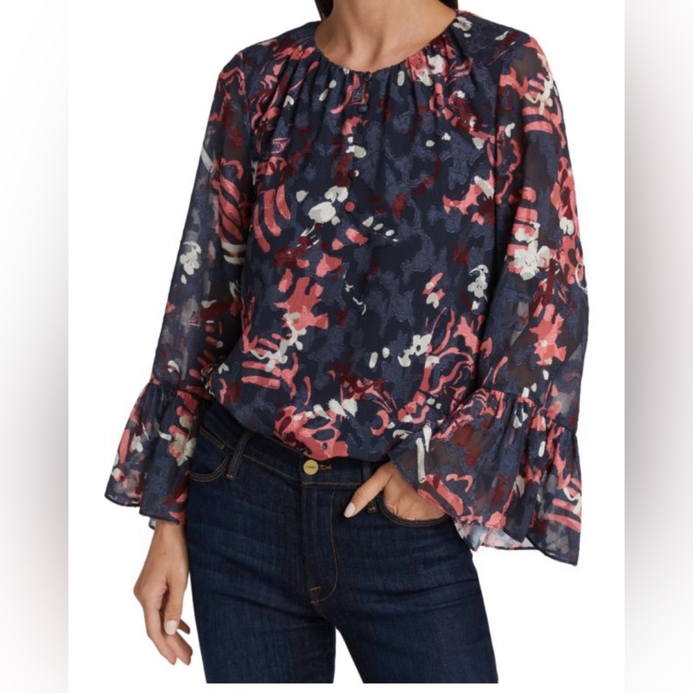 Tanya Taylor Navy and Pink Floral Bell Sleeve Blouse